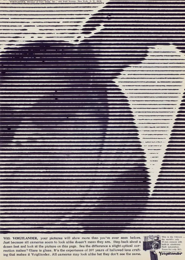 Horizontal dark lines form an optical portrait above copy inviting the reader to step back, with a small Vitrona camera at bottom right.