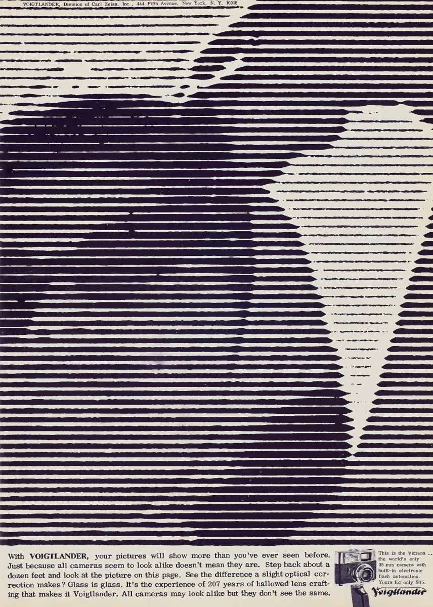 Horizontal dark lines form an optical portrait above copy inviting the reader to step back, with a small Vitrona camera at bottom right.