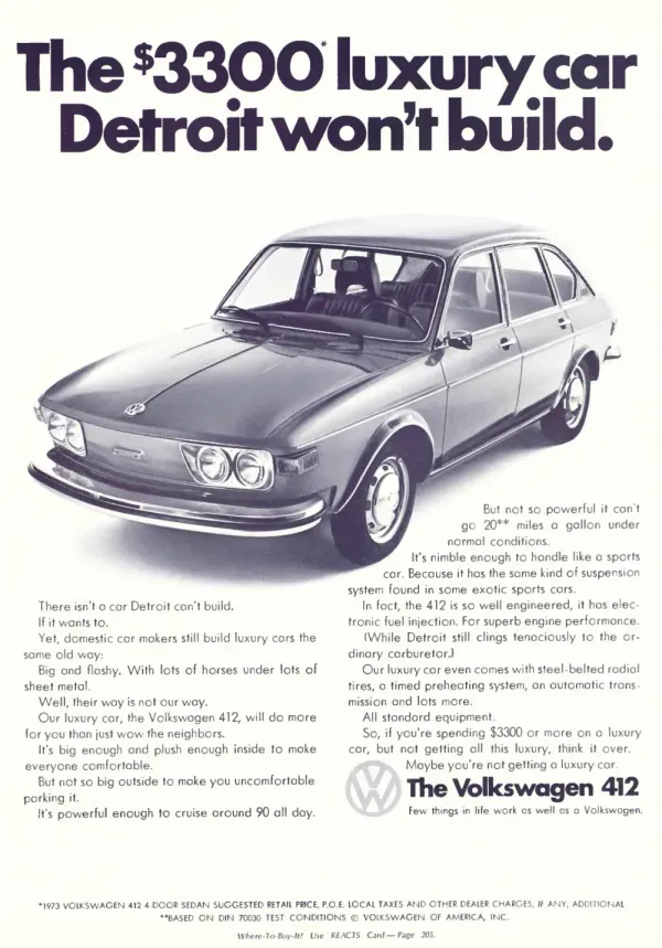 A Volkswagen 412 sedan photographed against white space below an oversized headline comparing it with Detroit luxury cars.