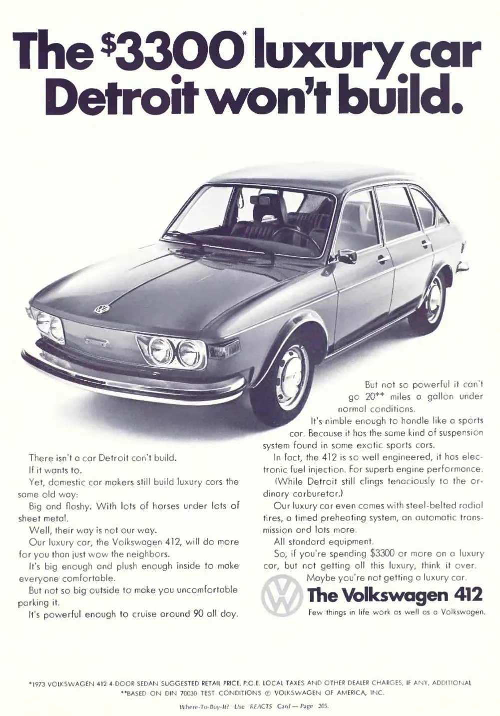 A Volkswagen 412 sedan photographed against white space below an oversized headline comparing it with Detroit luxury cars.