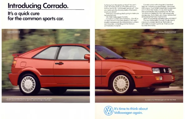 Volkswagen Corrado print advertisement showing the red sports coupe across a two-page spread with technical specifications and a sports-car comparison.