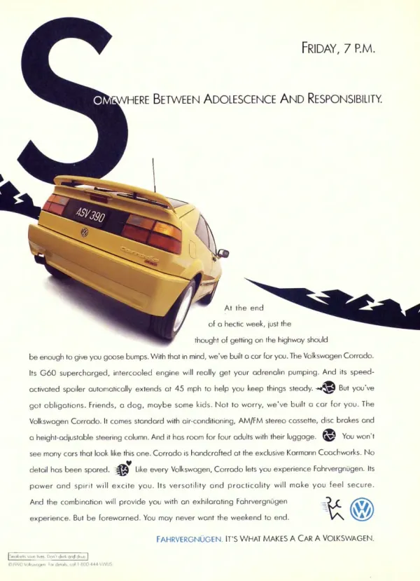 Yellow Volkswagen Corrado seen from behind beneath a huge letter S, with a Friday evening caption and a road motif.
