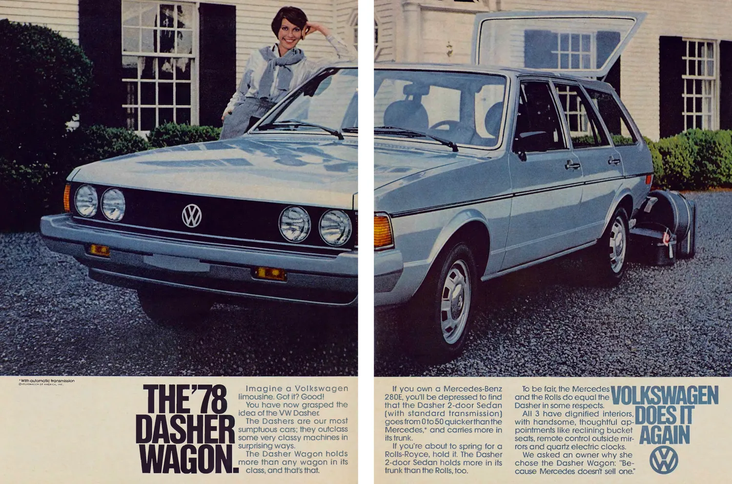 A pale blue Volkswagen Dasher wagon with its tailgate open stands beside luggage and a woman outside a large house.