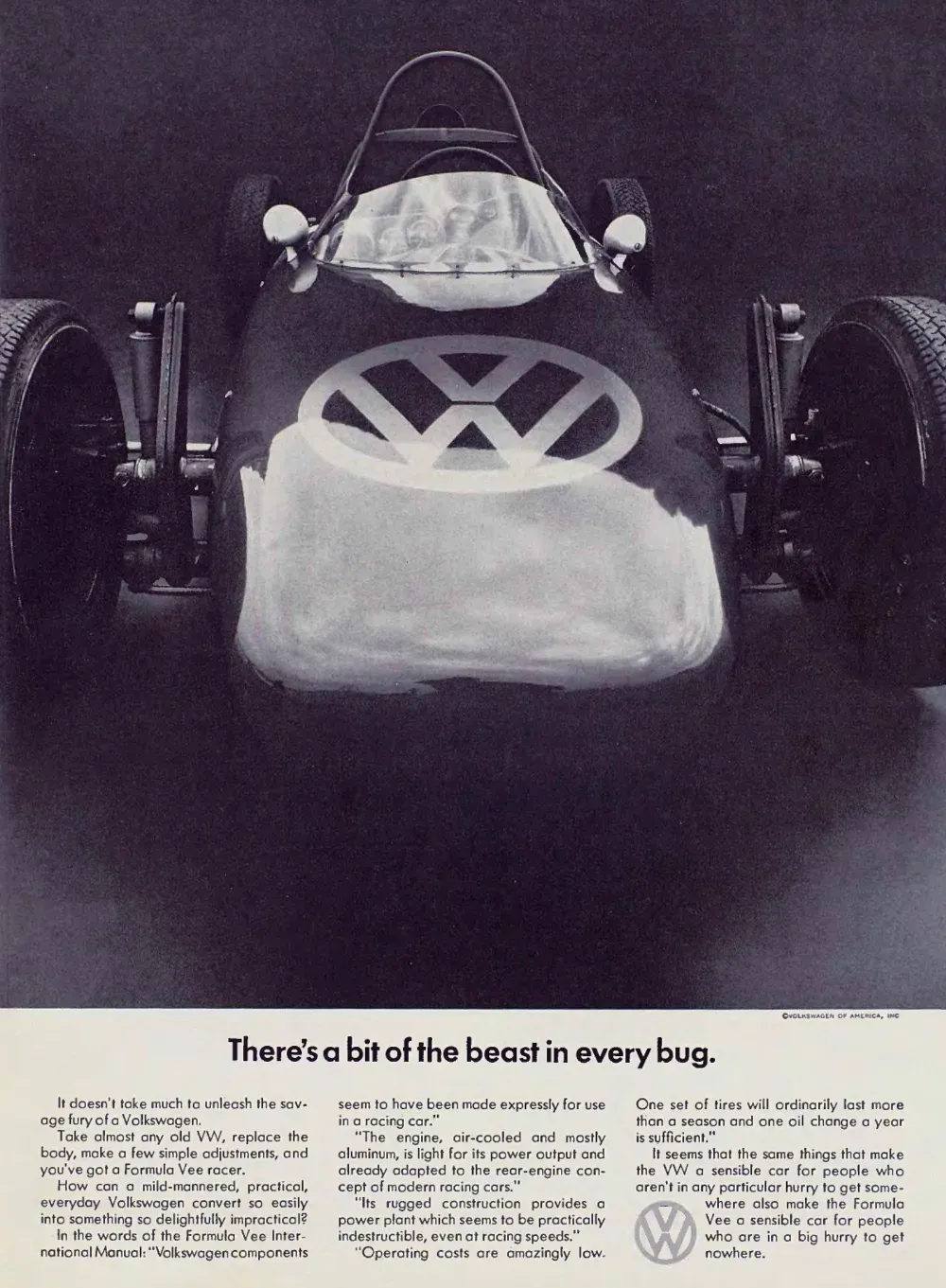 Volkswagen print advertisement from 1967 showing a front view of a stripped-down Formula Vee race car with the Volkswagen emblem on its nose.