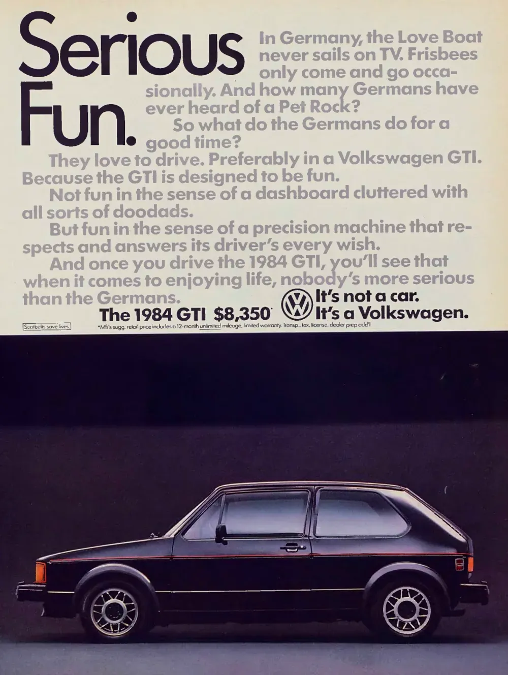 Volkswagen GTI print advertisement from 1984 showing a dark GTI in profile beneath the large headline Serious Fun.