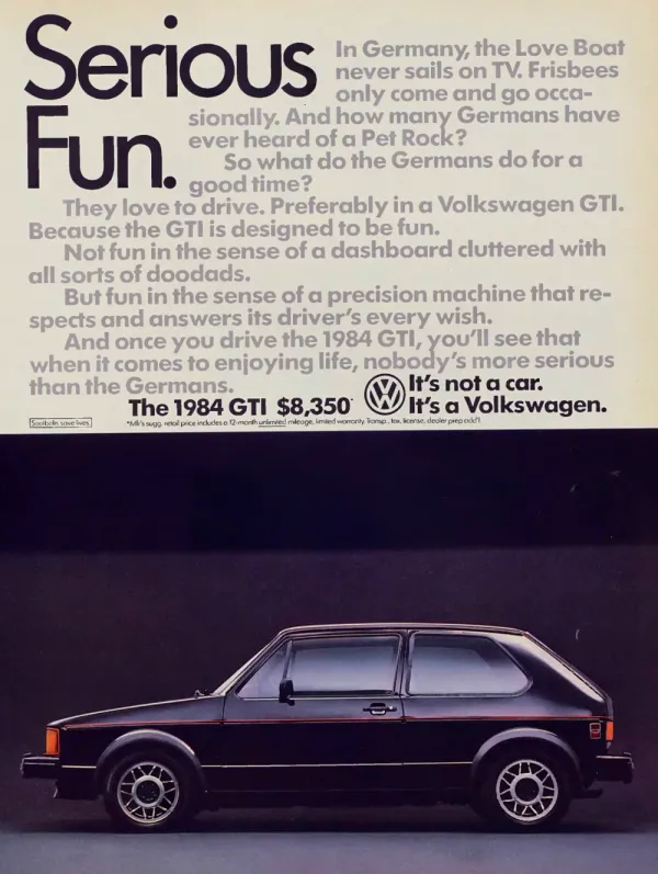 Volkswagen GTI print advertisement from 1984 showing a dark GTI in profile beneath the large headline Serious Fun.