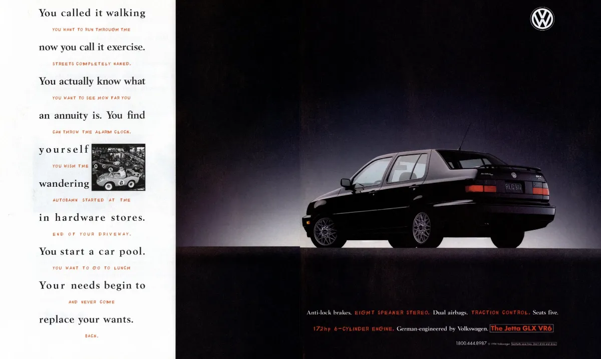 Two-page Volkswagen Jetta GLX VR6 ad pairing interwoven black and orange copy about adult responsibilities and driving desires with a dark rear three-quarter view of the sedan.