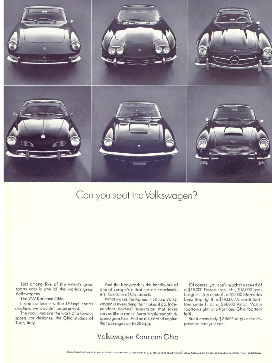 Six front-facing sports cars form a two-by-three grid; the Volkswagen Karmann Ghia sits among five more expensive marques above a spare headline and three copy columns.