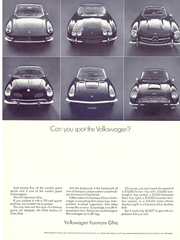 Six front-facing sports cars form a two-by-three grid; the Volkswagen Karmann Ghia sits among five more expensive marques above a spare headline and three copy columns.