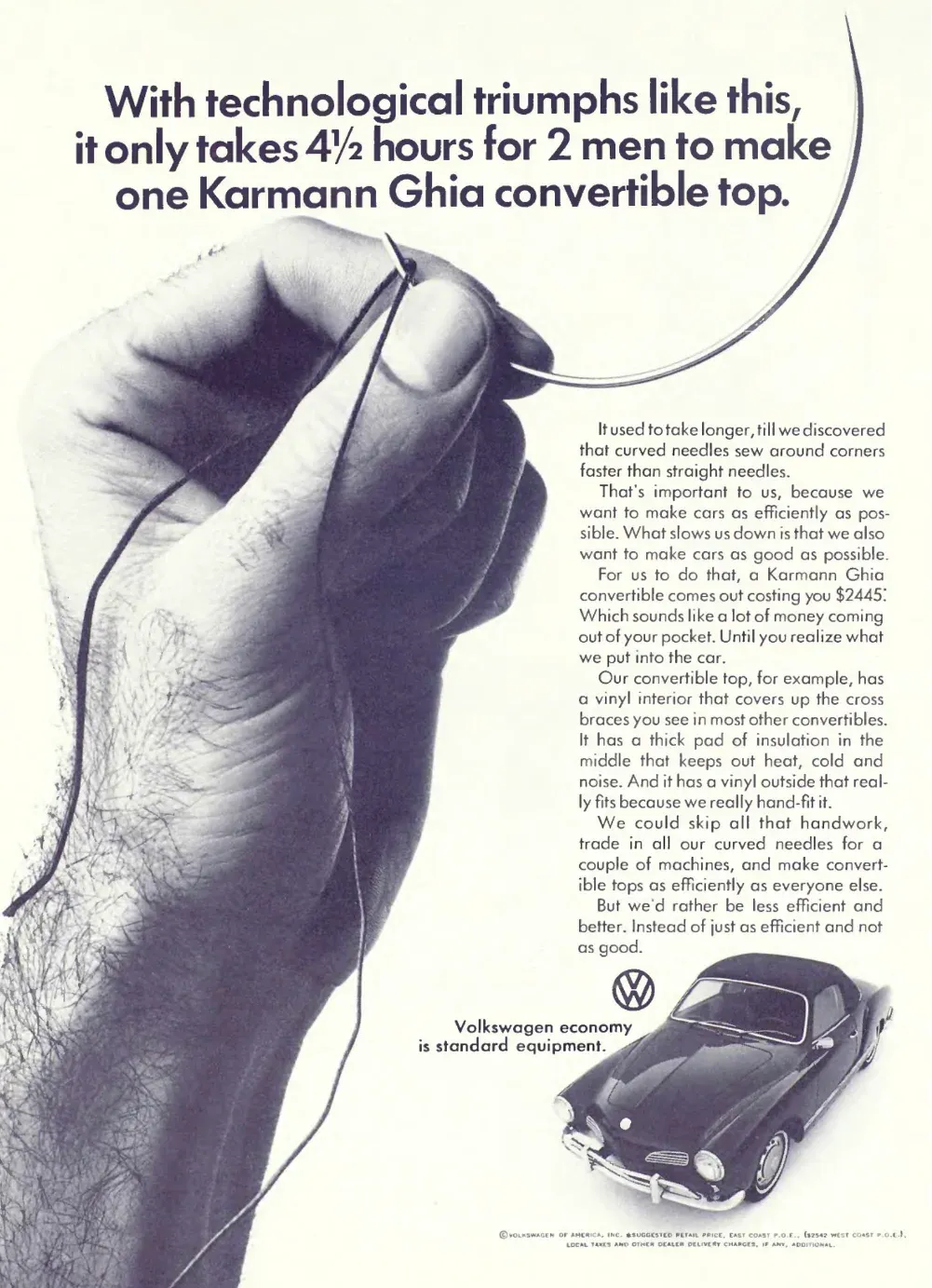 Large hand holds a curved sewing needle above a small photograph of a Volkswagen Karmann Ghia convertible.