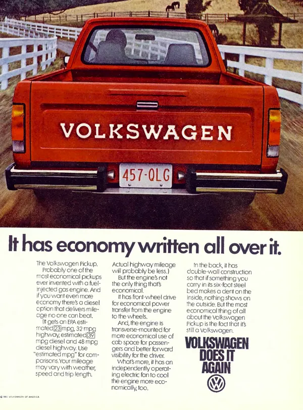 Volkswagen print advertisement from 1980: It has economy written all over it.