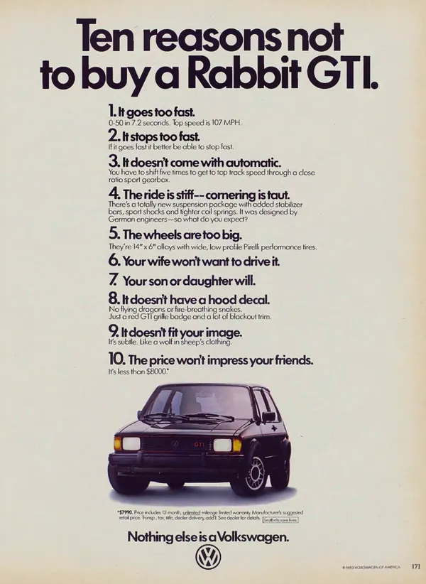A black Volkswagen Rabbit GTI sits below a large headline and a numbered list of ten mock objections to buying it.