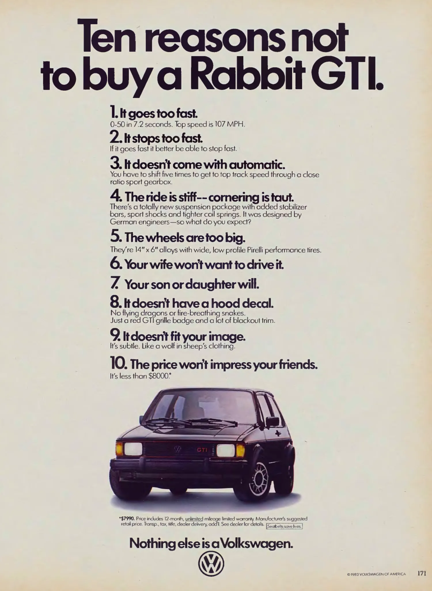 A black Volkswagen Rabbit GTI sits below a large headline and a numbered list of ten mock objections to buying it.