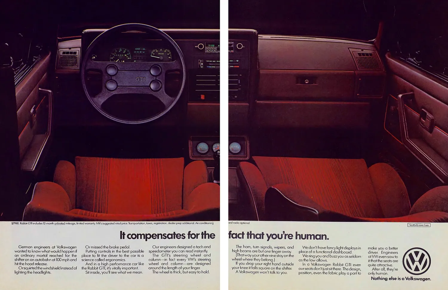 A Volkswagen Rabbit GTI interior across a two-page advertisement about human-centered design.