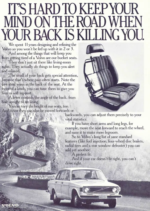 A large cutaway Volvo bucket seat hangs above a photograph of a sedan on a winding road, beneath an oversized headline about back pain.