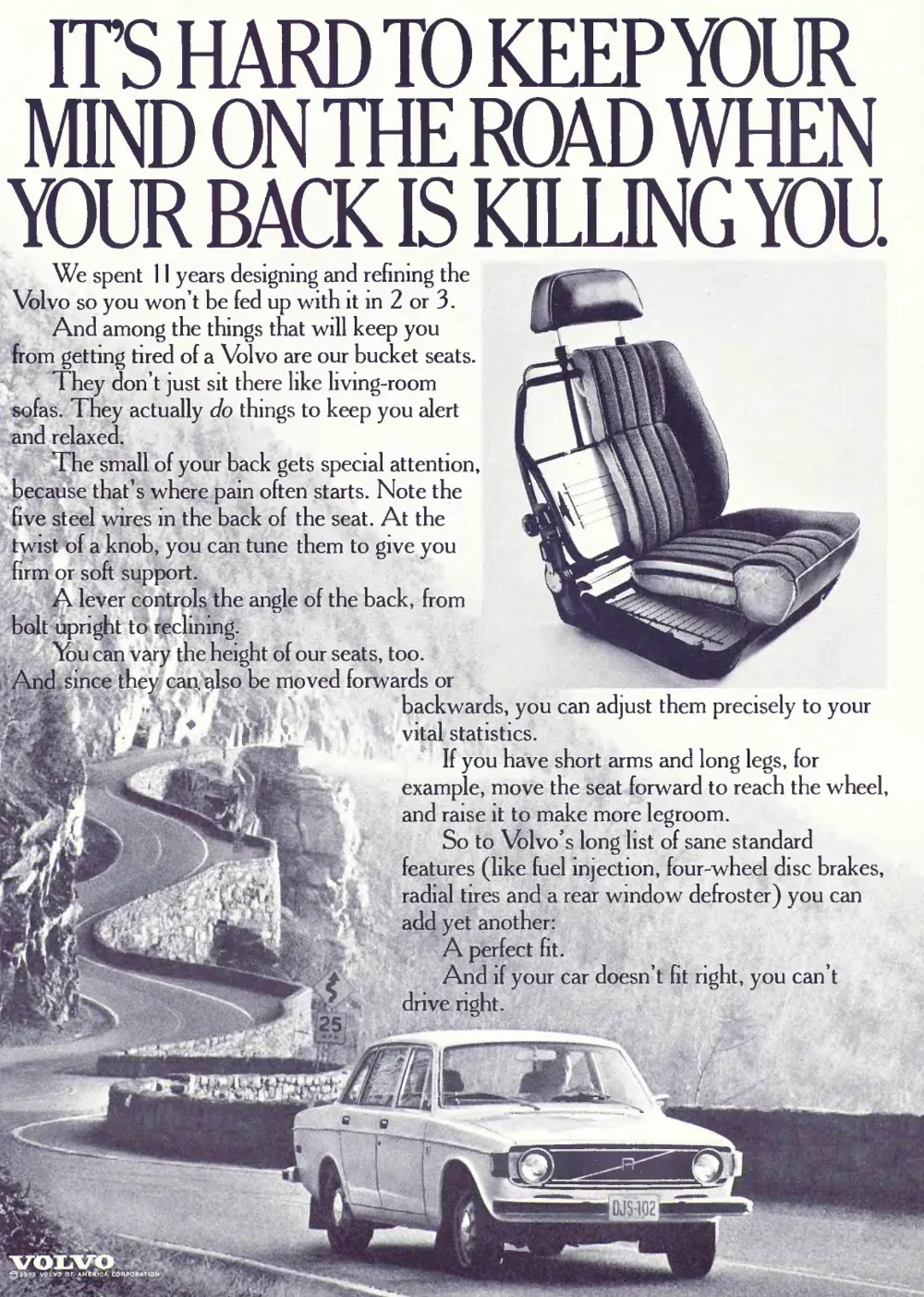 A large cutaway Volvo bucket seat hangs above a photograph of a sedan on a winding road, beneath an oversized headline about back pain.