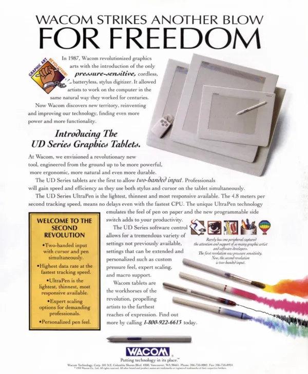 Wacom UD Series tablets and styli sit beside a raised-fist emblem, a yellow feature box, and colored pen strokes.