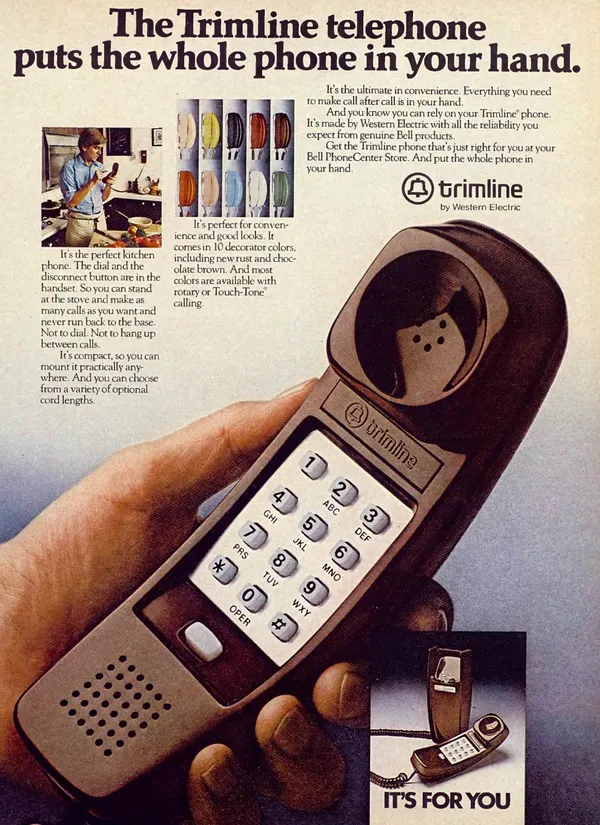 A brown Trimline telephone held diagonally in one hand, alongside a kitchen calling scene, ten phone colors, and a handset with its base.