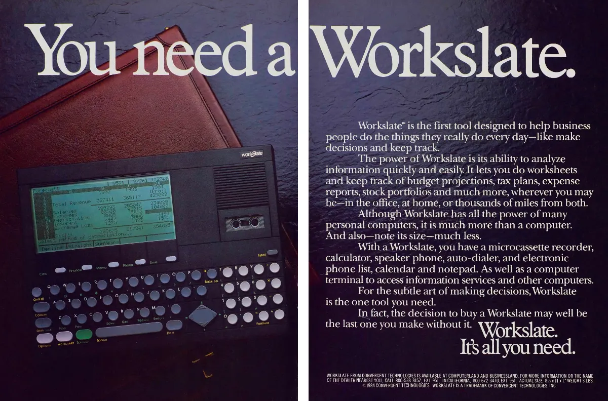 A portable WorkSlate computer rests on a leather portfolio beneath a huge headline, with its business uses listed on the facing panel.
