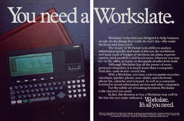 A portable WorkSlate computer rests on a leather portfolio beneath a huge headline, with its business uses listed on the facing panel.