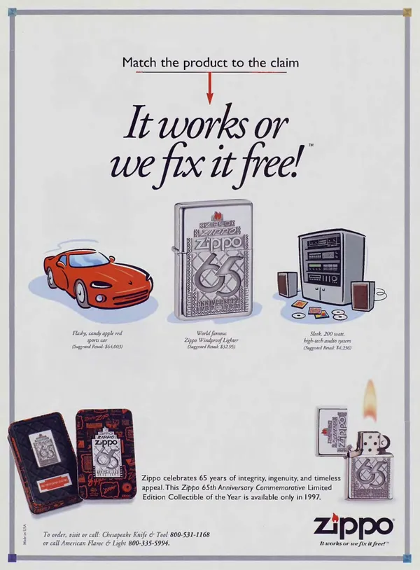 Zippo print advertisement from 1997: It works or we fix it free!